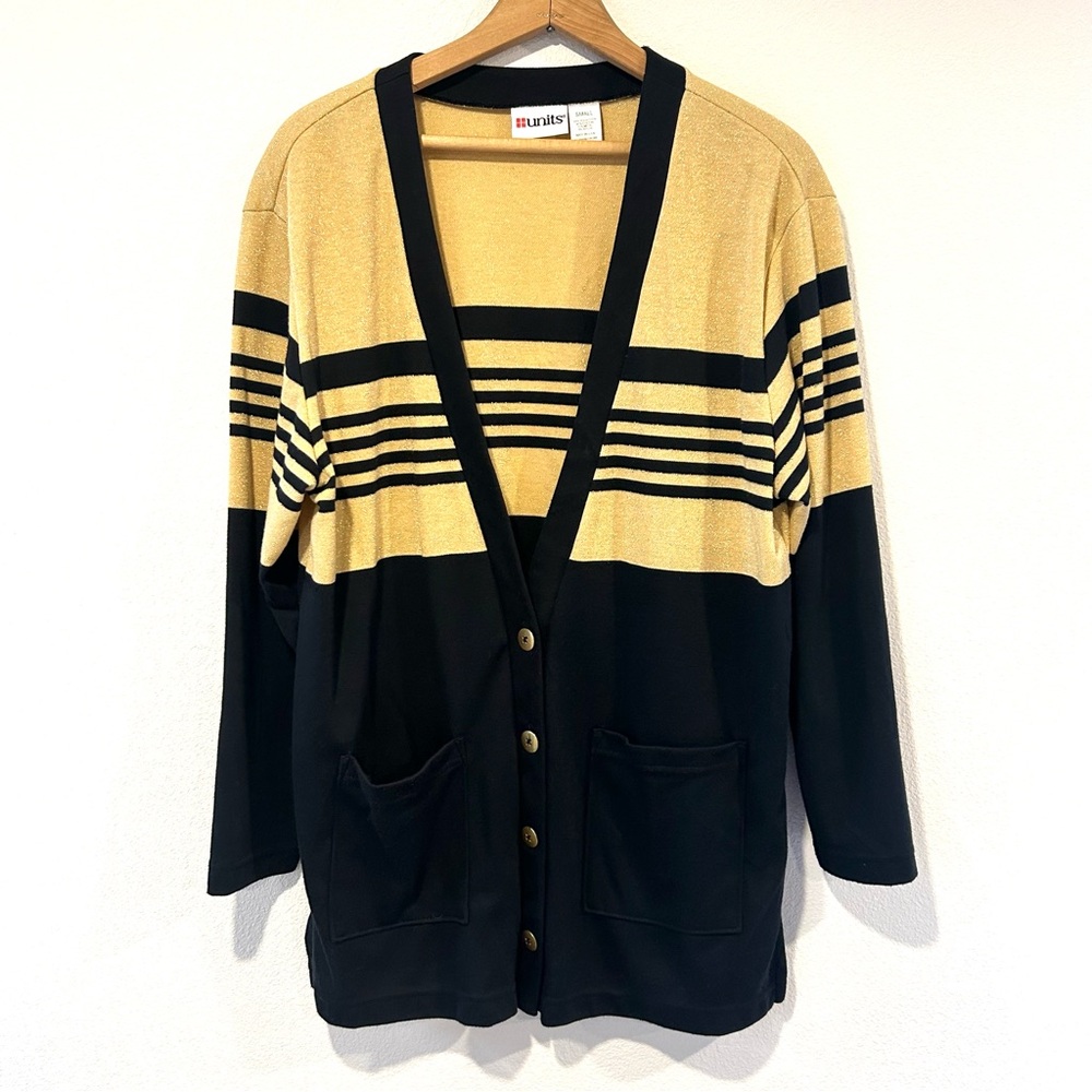 Vintage UNITS Black & Gold Metallic Button-Down Cardigan Retro 80s 90s Size S